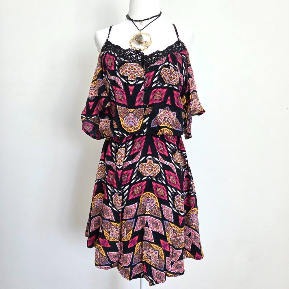 Xhilaration Geometric Mini Dress XXL Black Multi Boho Cold Shoulder Plus Size